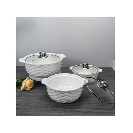3 Piece White Ceramic Casserole Serving Dishes Set with Tempered Glass Lid Covers | Versatile Cookware Soup Pot and Bowl Set- Furaha Finds Kenya