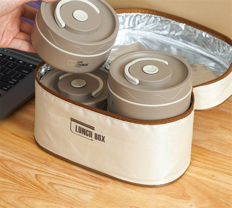 4 in 1 Insulated Lunch Set (2 Lunch Boxes + 1 Lunch Bag) | Stainless Steel Lunch Box Microwave Oven Circular Portable Minimalist Lunch Bo- Furaha Finds Kenya