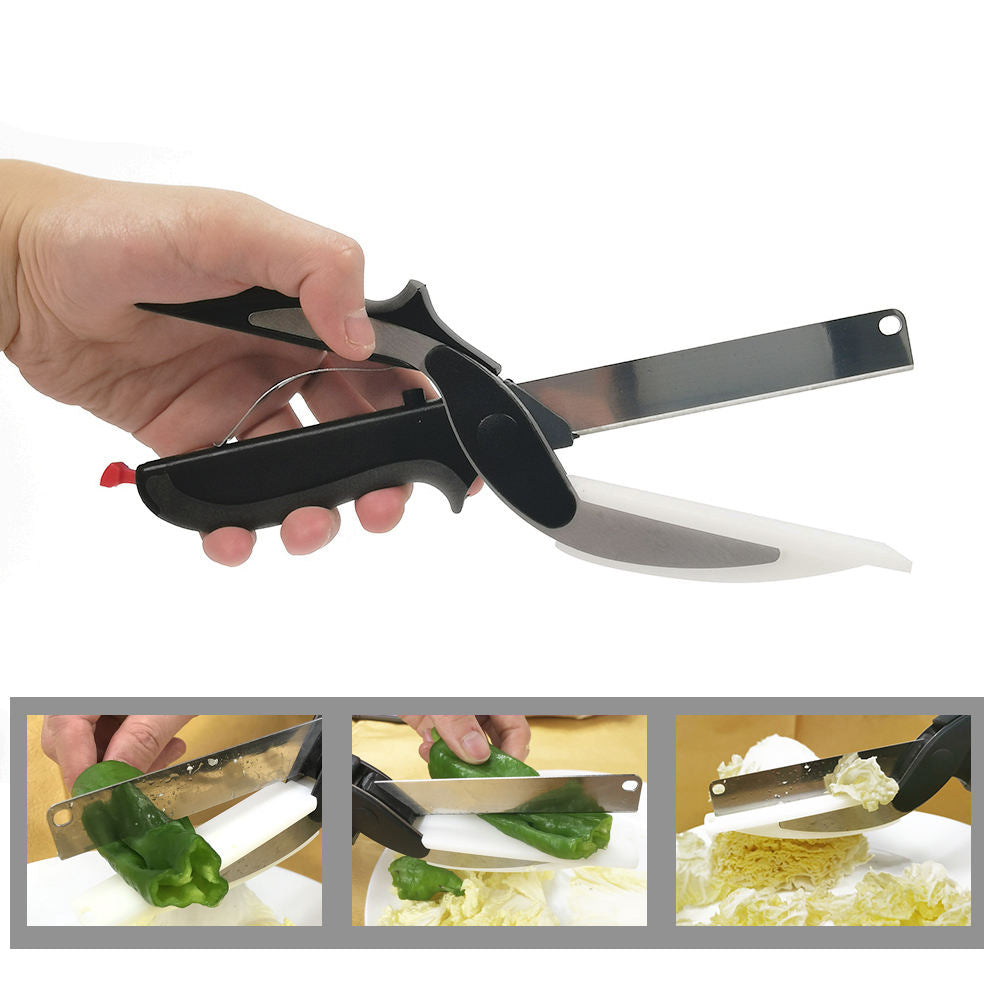 2in1 Clever Food Chopper Cutter Smart Stainless Steel Knife with Built in Cutting Board Chops Fruits, Vegetables & Meat.