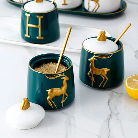 Luxurious Sugar/Spice Dish Set – 3 Jars with Tray and Gold Spoons- Furaha Finds Kenya