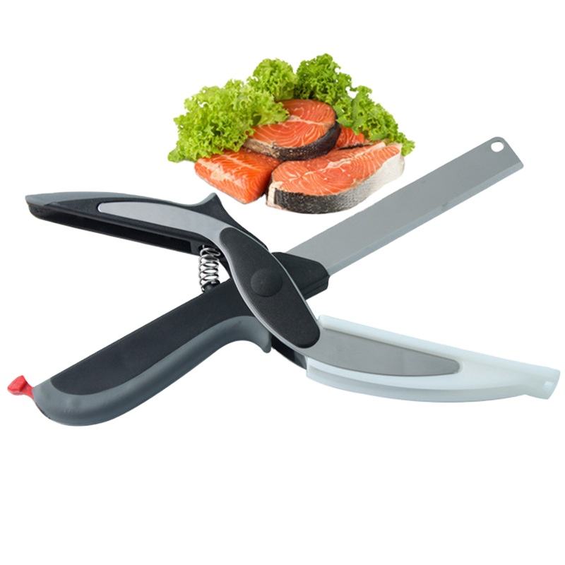 2in1 Clever Food Chopper Cutter Smart Stainless Steel Knife with Built in Cutting Board Chops Fruits, Vegetables & Meat.