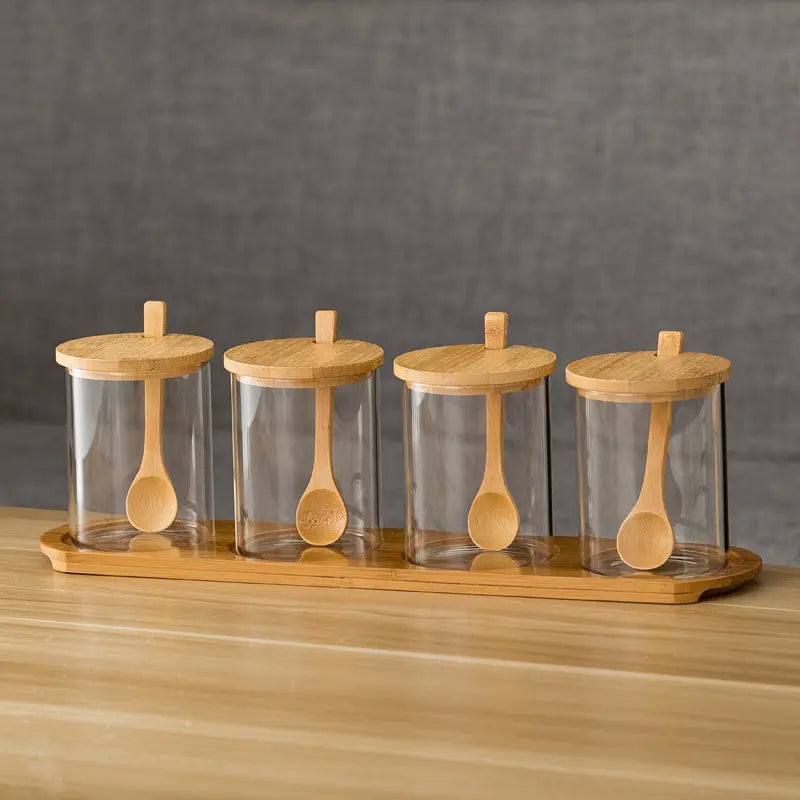 4pcs Oil Jar Set with Bamboo Stand Elegant High Borosilicate Storage Bottles- Furaha Finds Kenya