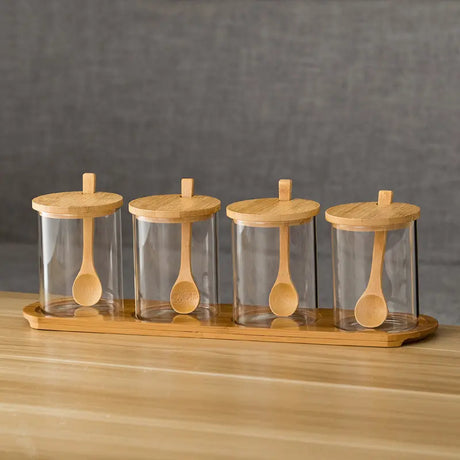 4pcs Oil Jar Set with Bamboo Stand Elegant High Borosilicate Storage Bottles- Furaha Finds Kenya