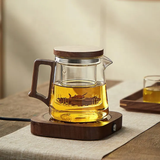 High Borosilicate Teapot with Walnut Handle Elegant Heat Resistant Glass Teapot.