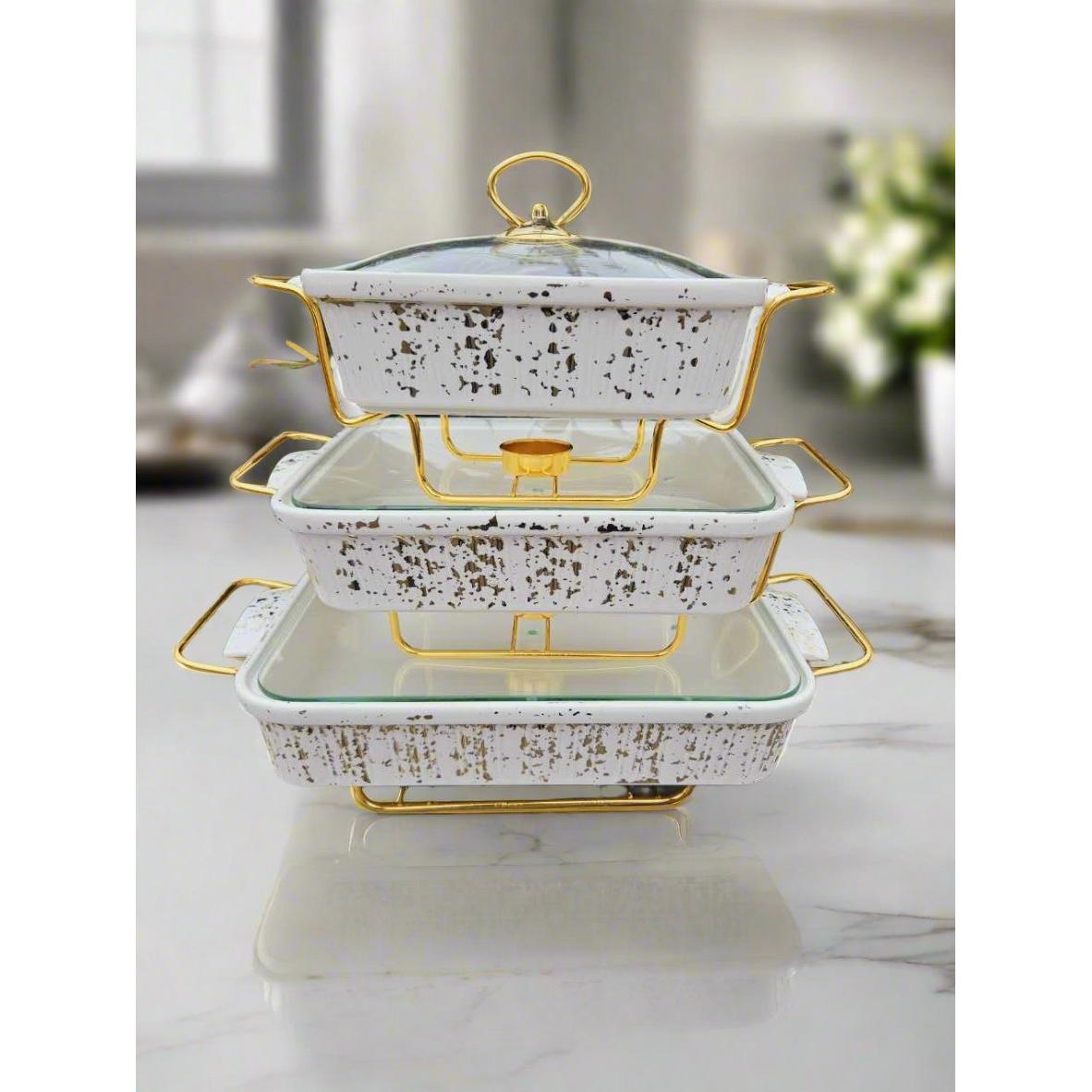 High Quality 3 Piece White Gold Ceramic Chafing Dish Set | Sizes: 3.8L, 2.8L, 1.8L