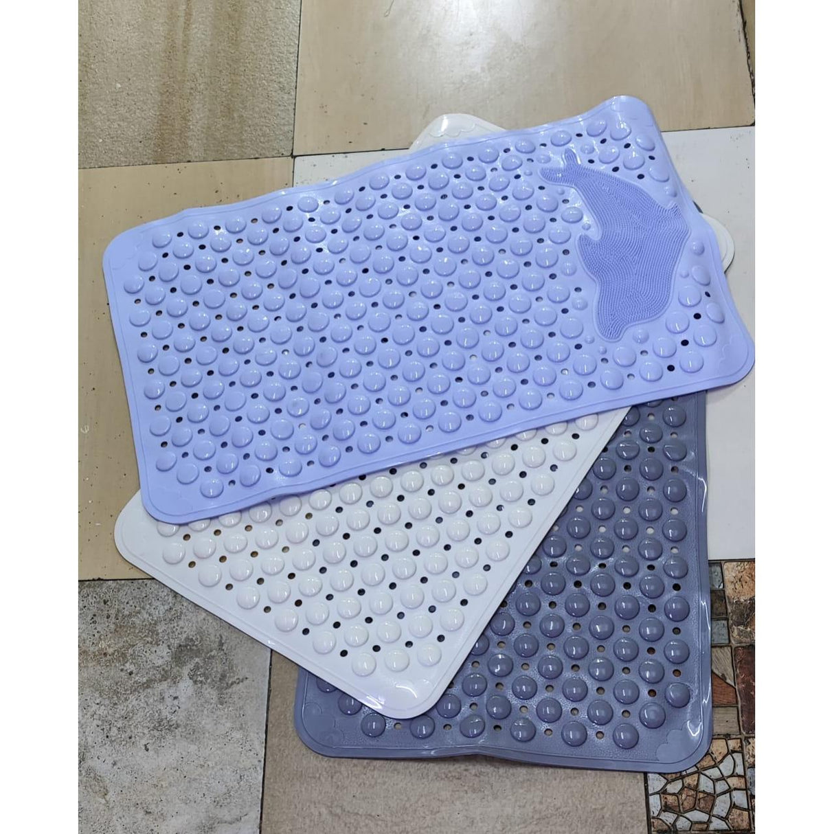 High Quality 36 x 70cm Modern Anti-Slip Rubber Bathroom | Toilet Mat with Dolphin Scrubber | White, Blue, Grey