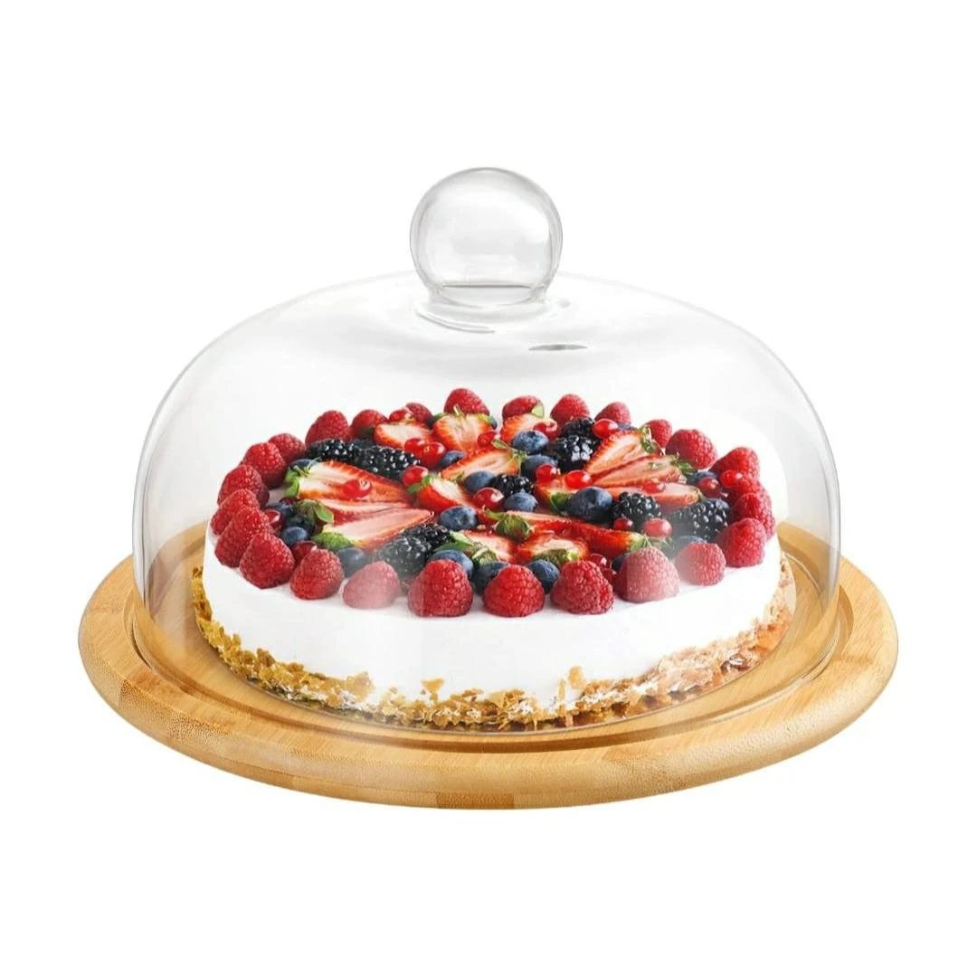 High-Quality Bamboo Base Cake & Fruit Stand with Acrylic Dome Cover 30cm kitchen and dinning Cake Stands
