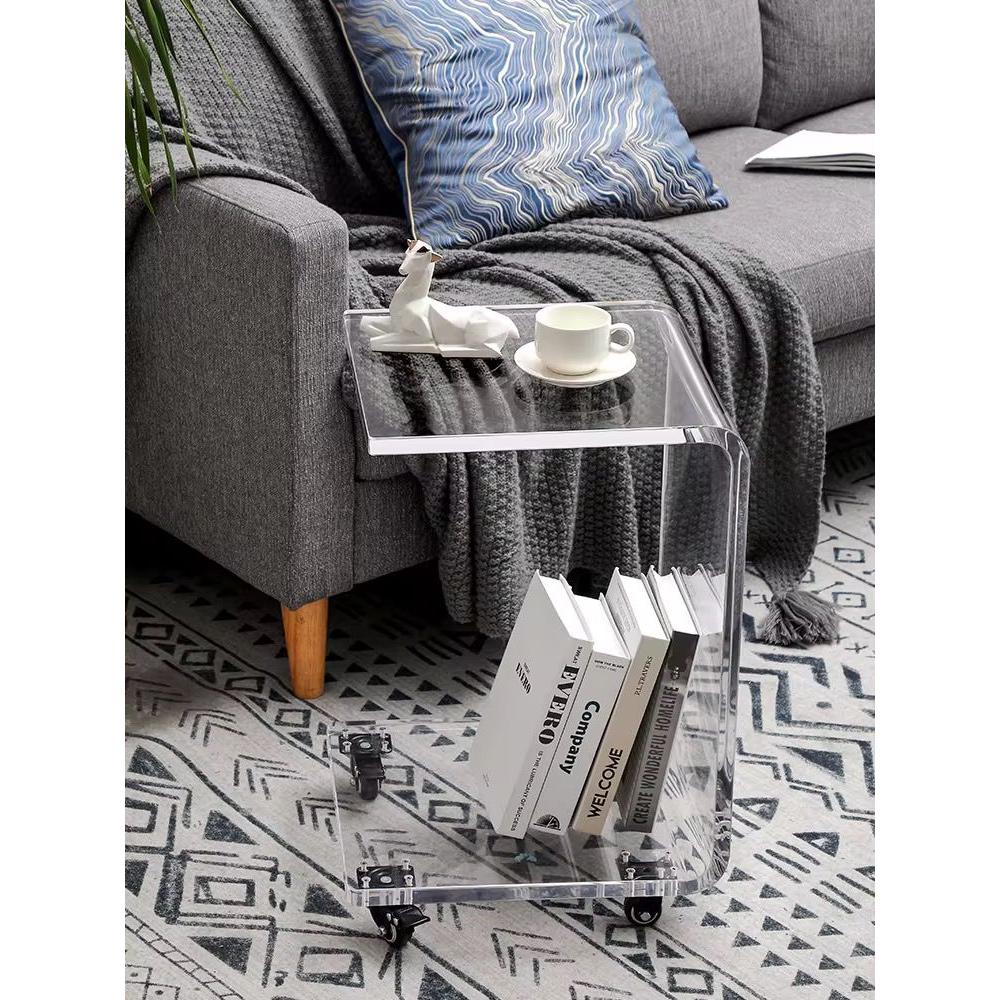 High Quality Clear Acrylic crylic Luxury C Shaped Clear Acrylic Side Table with Wheels|33cm (L) x 38cm (W) x 58cm (H)