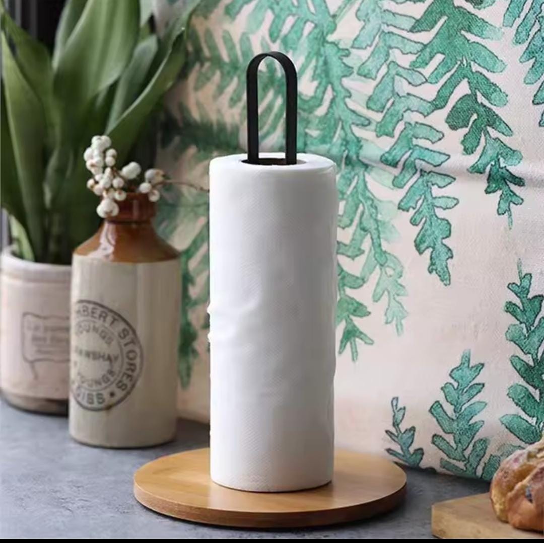 High Quality Metallic Paper Towel Holder with Bamboo Base