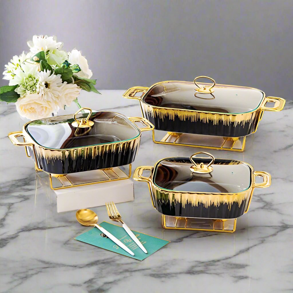 High Quality Premium 3 Piece Black Gold Ceramic Chafing Dish Set | Sizes: 3.8L, 2.8L, 1.8L