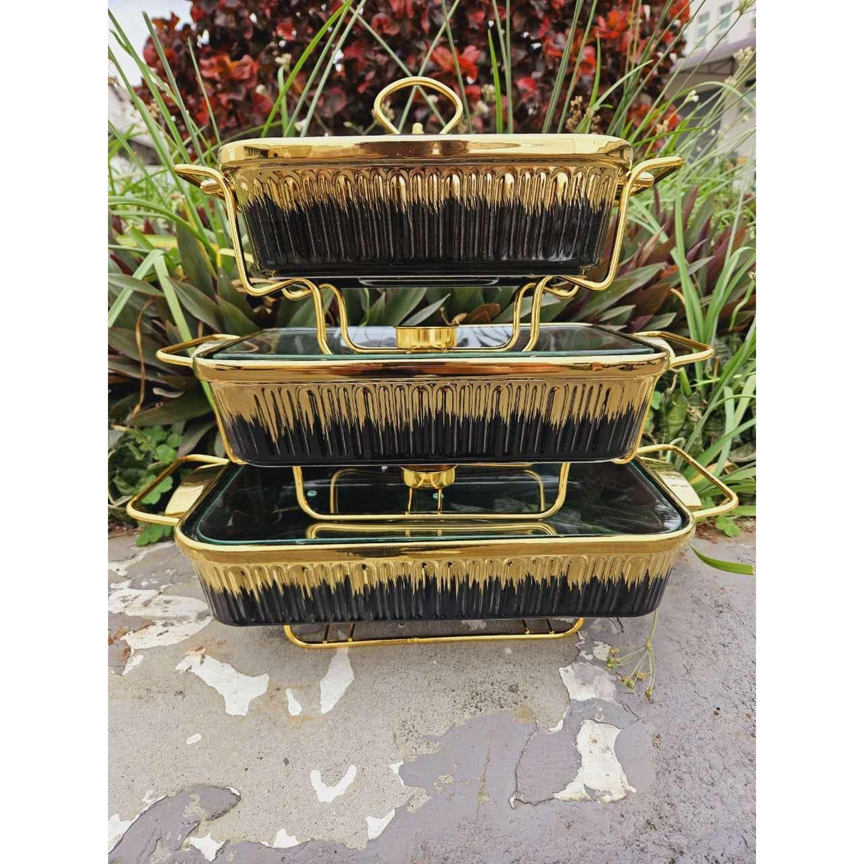 High Quality Premium 3 Piece Black Gold Ceramic Chafing Dish Set | Sizes: 3.8L, 2.8L, 1.8L