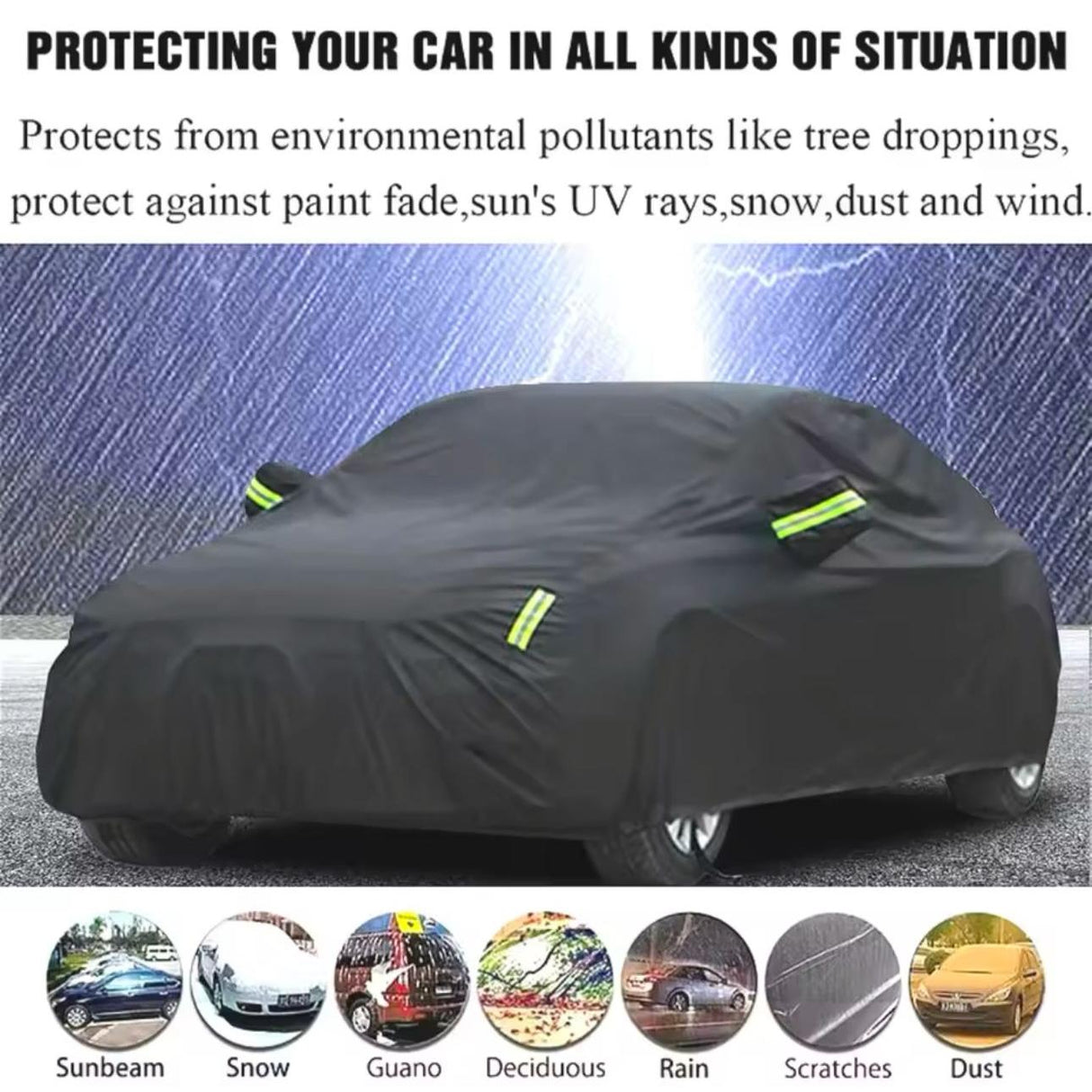 High Quality Universal Black Car Cover with Inner Fleece and Side Reflectors
