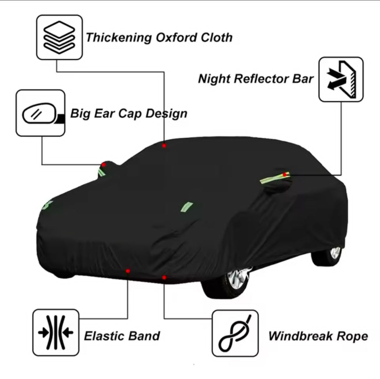 High Quality Universal Black Car Cover with Inner Fleece and Side Reflectors