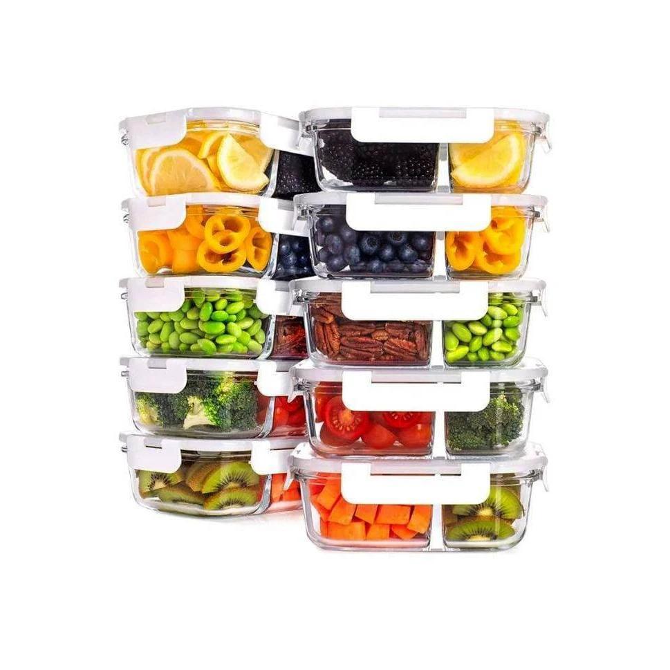 High-quality Borosilicate 1050ml Capacity Partitioned Glass Food Storage Containers Utensils Food Storage Accessories
