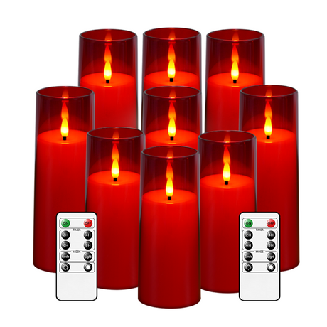 Hot Red Acrylic Flameless LED Candle Set | 9 Pieces with 2 Remote Controls