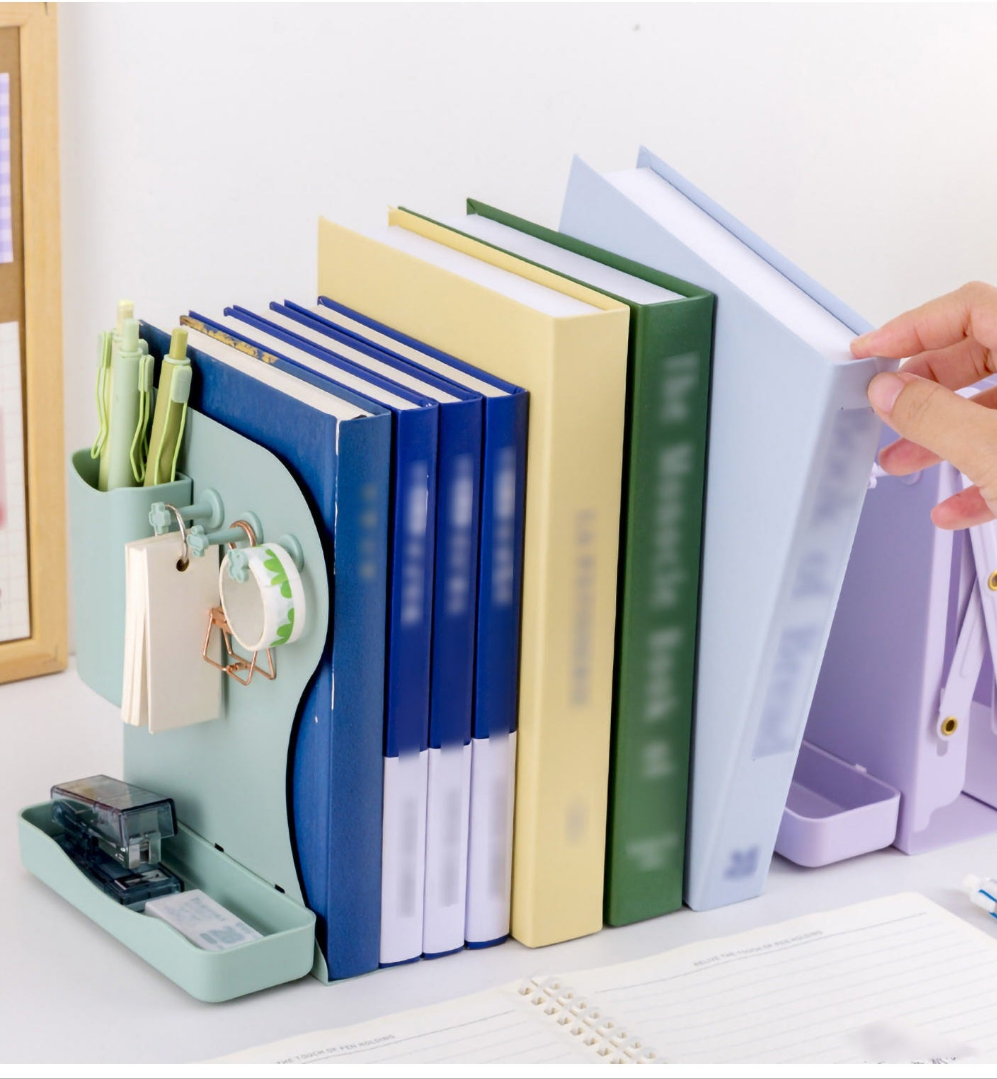 Furaha Finds expandable metallic bookshelf made from thickened steel plate. Telescopic book stand with a magnetic pen holder for home and office organization.
