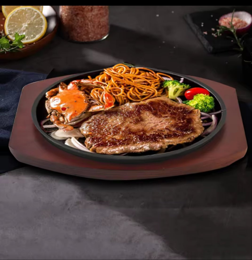 Cast Iron Round Sizzler Plate with Wooden Base – 240mm Diameter- Furaha Finds Kenya