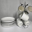 10pcs Ceramic Mug and Plate Set with Metal Stand – White with Black Rim- Furaha Finds Kenya
