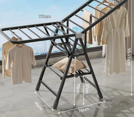 Furaha Finds Black Movable Outdoor Drying Rack 1.7M height, sturdy metal frame with wheels for easy mobility, foldable design for indoor and outdoor use.