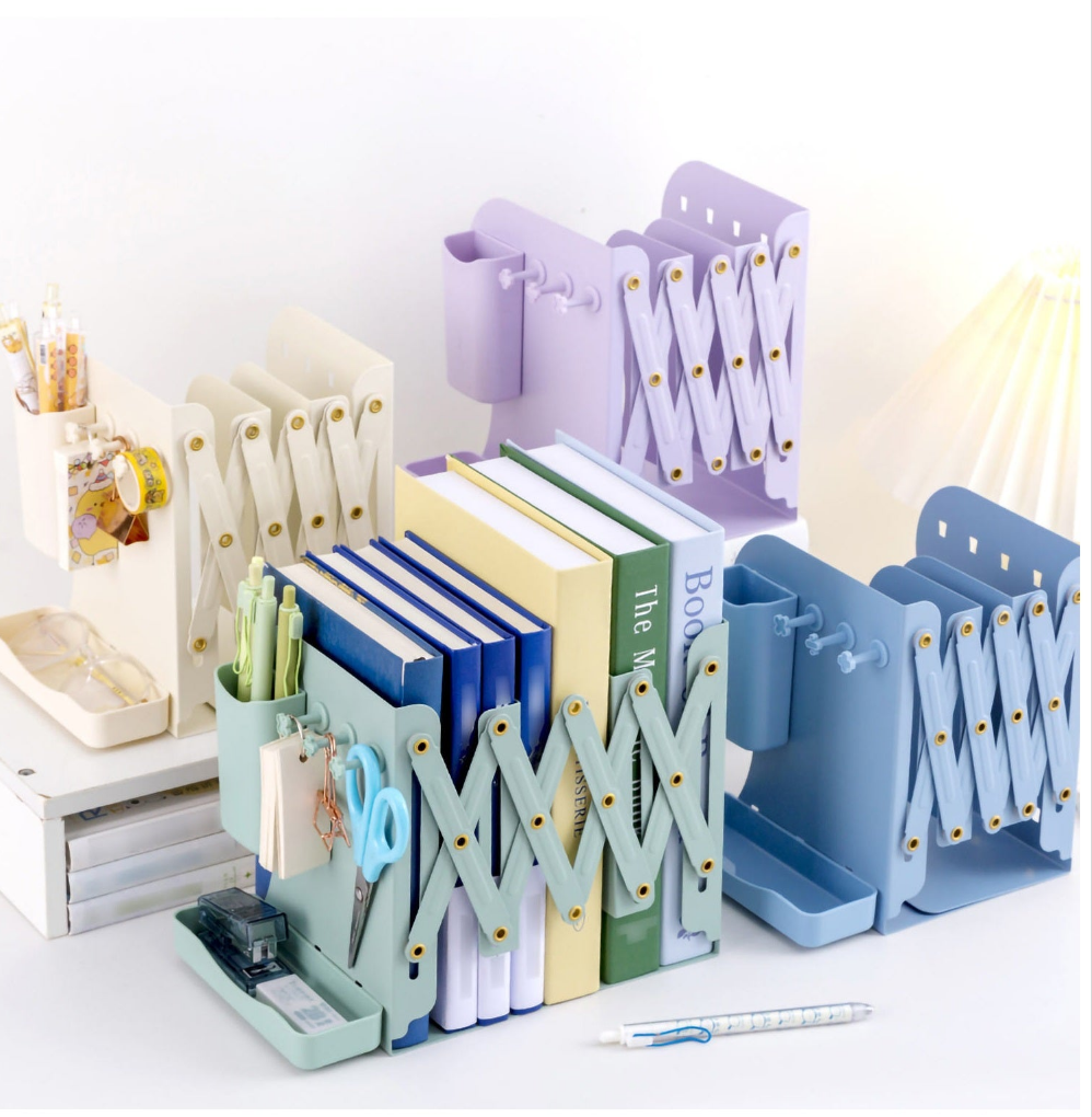 Furaha Finds expandable metallic bookshelf made from thickened steel plate. Telescopic book stand with a magnetic pen holder for home and office organization
