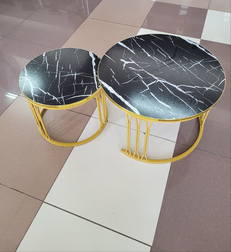 Round Nesting Coffee Tables with Black Marble Top and Golden Frame