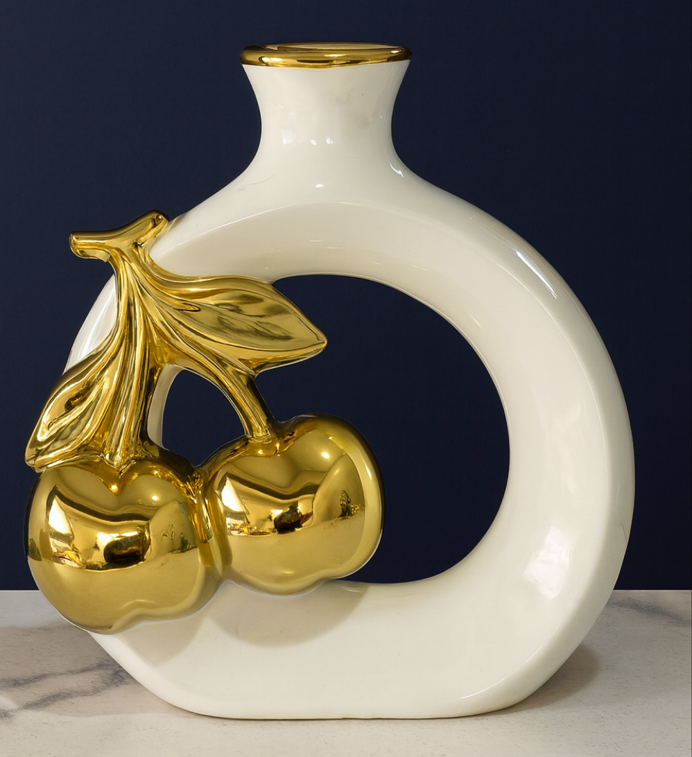 Modern Ceramic Vase with Golden Cherry and Leaf Design – Open Circle Shape- Furaha Finds Kenya