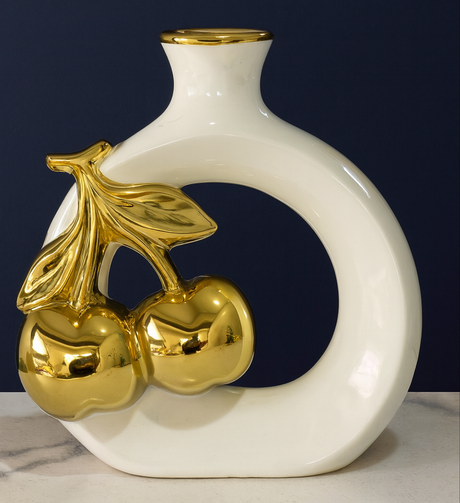 Modern Ceramic Vase with Golden Cherry and Leaf Design – Open Circle Shape