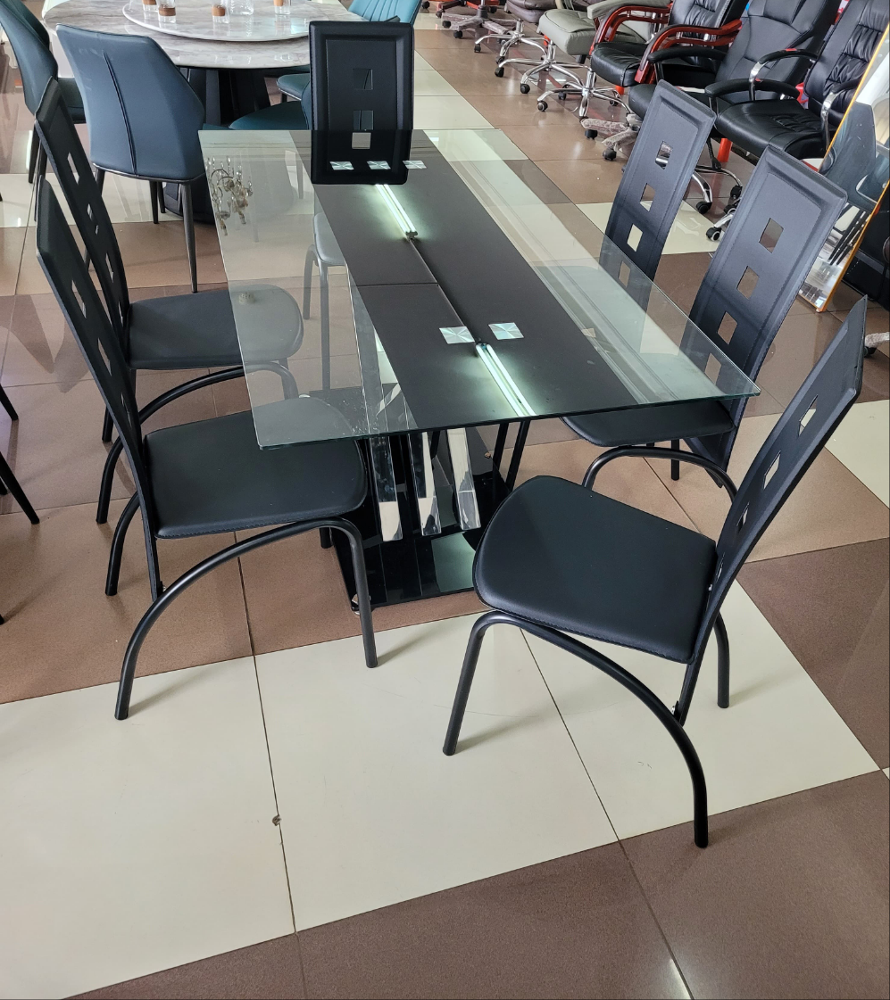 Product Title 6-Seater Glass Top Dining Table with Cushioned Chairs