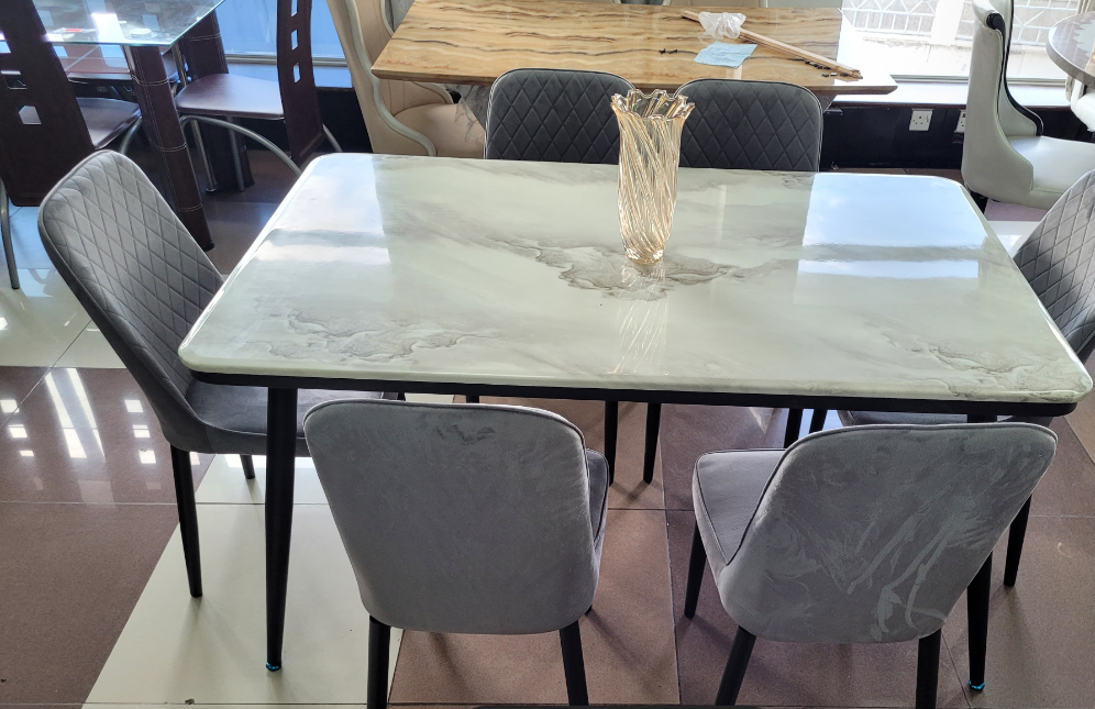 Product Title 6-Seater Marble Finish Dining Table with Cushioned Chairs