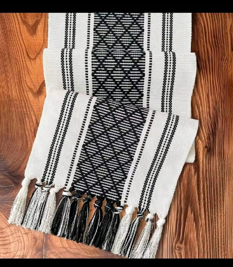 Black and White Geometric Woven Table Runner with Tassels- Furaha Finds Kenya