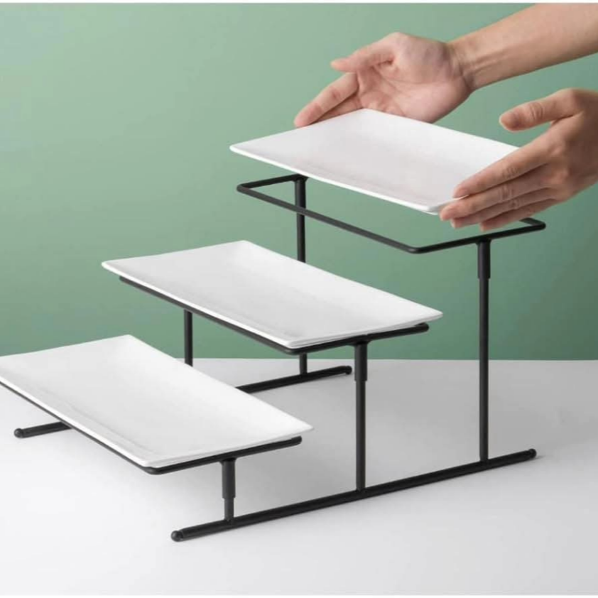 3-Tier Rectangular Serving Stand with White Platters for Cake, Fruit, and Dessert Display- Furaha Finds Kenya