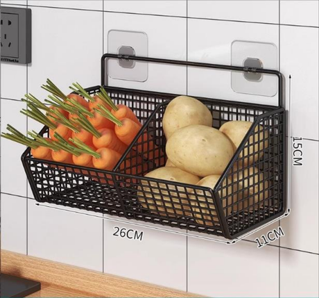 Wall-Mounted Metal Kitchen Storage Basket for Spices, Garlic, and Vegetables