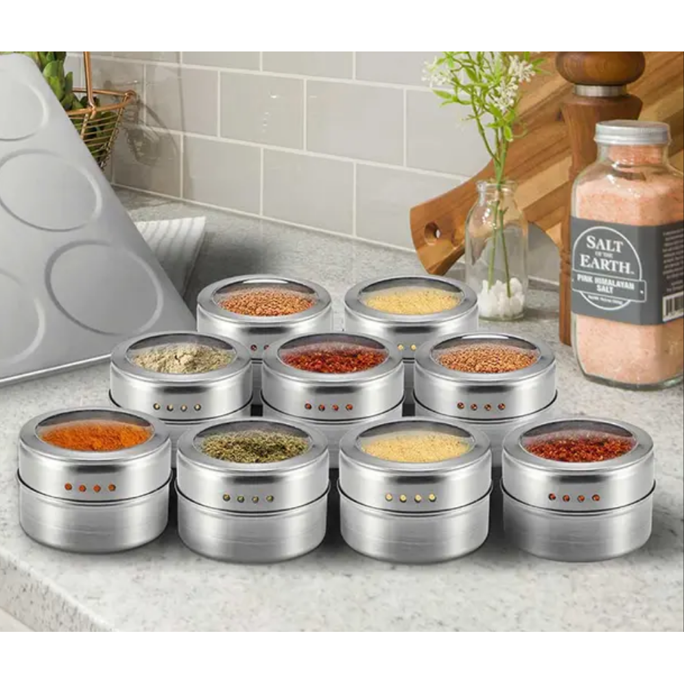 Magnetic Cruet Condiment Spice Jar Set 9 Piece Stainless Steel Set with Wall Mounted Rack Spice Container- Furaha Finds Kenya