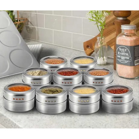 Magnetic Cruet Condiment Spice Jar Set 9 Piece Stainless Steel Set with Wall Mounted Rack Spice Container- Furaha Finds Kenya