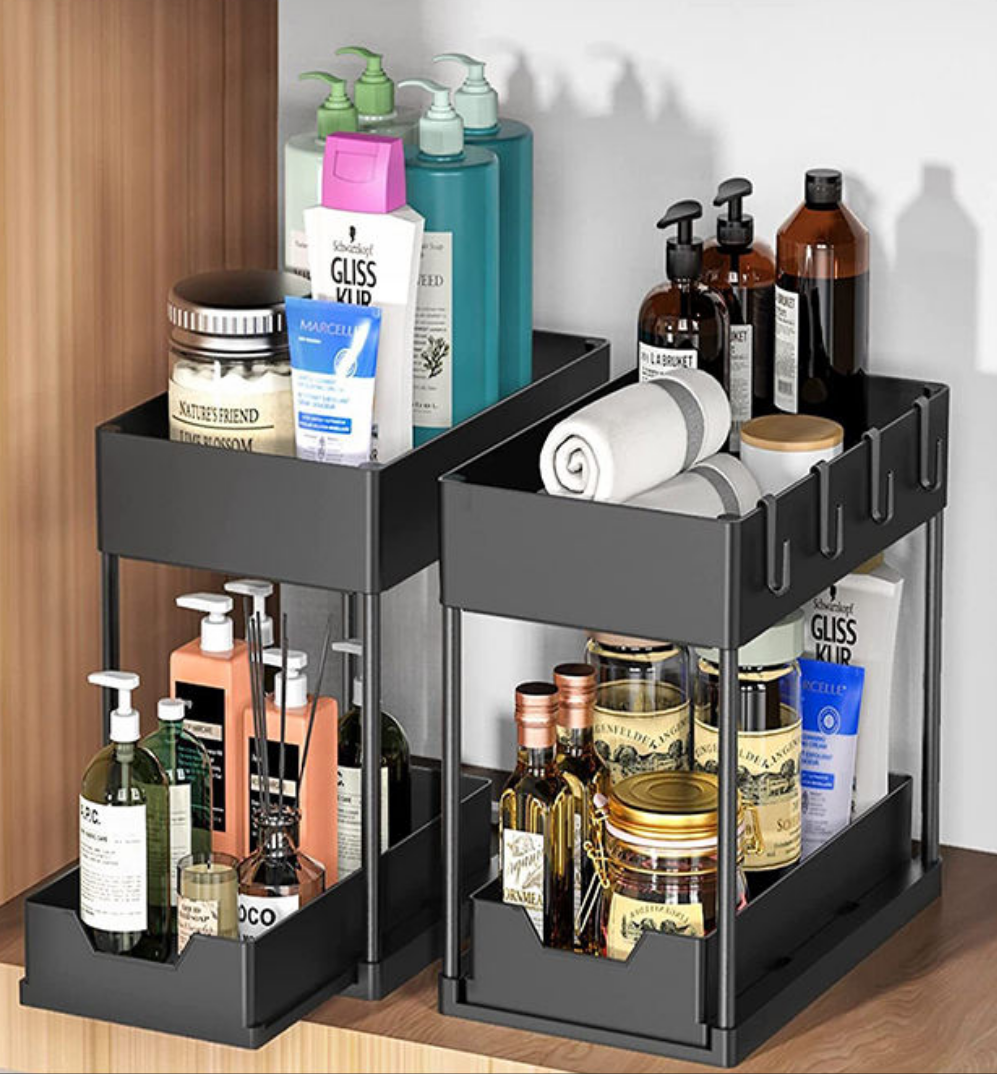 Furaha Finds Double Sliding Under Sink Organizer – 2-tier bathroom and kitchen storage solution for efficient space-saving organization.