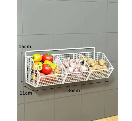 Wall-Mounted Mesh Basket Sturdy Kitchen Storage for Vegetables and Pantry Items.