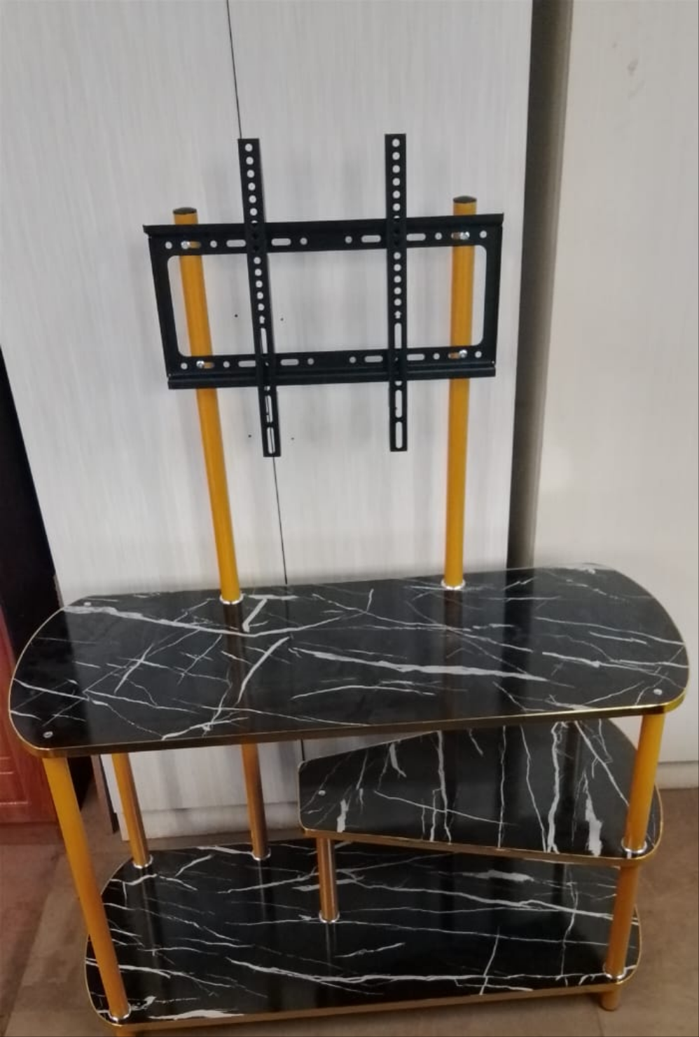 TV600 Black Marble-Look TV Stand  Multi Tier Shelf with Mount & Gold Frame
