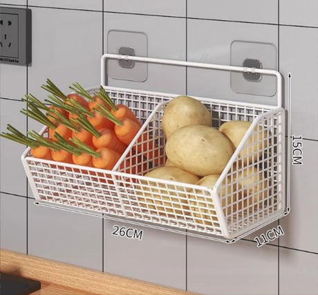 Wall-Mounted Metal Kitchen Storage Basket for Spices, Garlic, and Vegetables