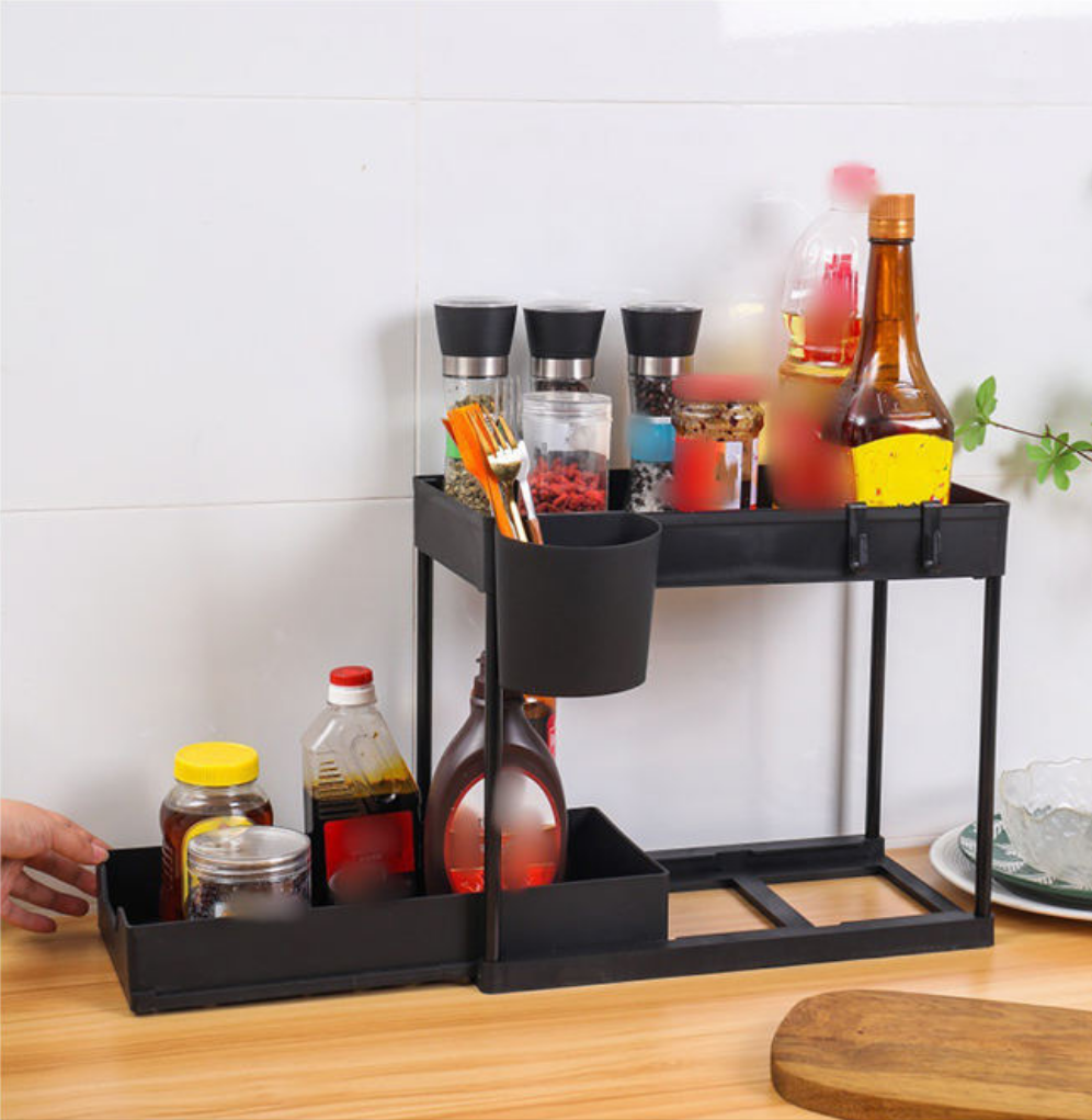 Furaha Finds Double Sliding Under Sink Organizer – 2-tier bathroom and kitchen storage solution for efficient space-saving organization.