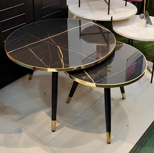 2 in 1 Modern Wooden Round Coffee Table with Glossy Top and Metal Base