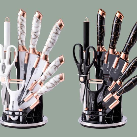 Furaha Finds 9Piece Marble Knife Set Includes 5 knives, kitchen fork, scissors, potato peeler, and stand (Black, White).