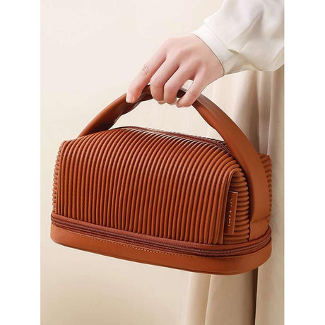 Large Capacity Waterproof Double Layer Cosmetic Bag Makeup Organizer Travel Bag (Cream, Brown, Pink)