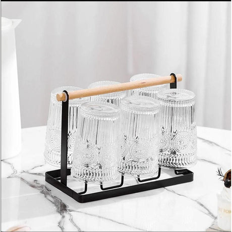 Metallic Glass Cup Holder with Bamboo Base & Draining Tray Stylish & Functional- Furaha Finds Kenya