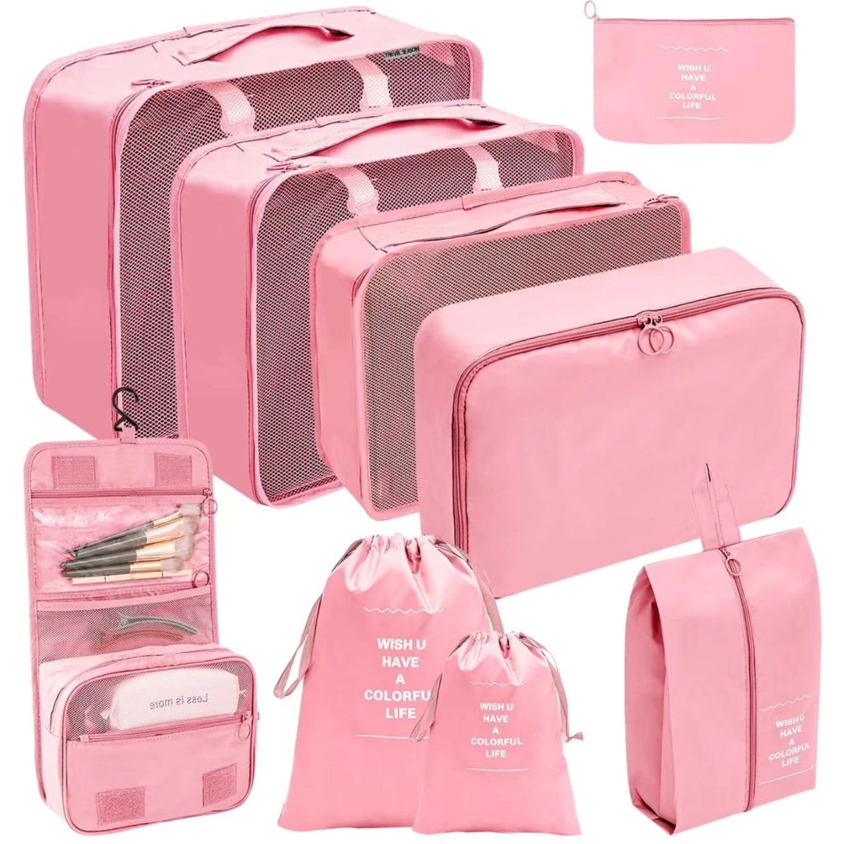 Furaha Finds 9 Piece Luggage Travel Organizers Suitcase packing cubes, waterproof storage pouches, and travel accessories for efficient luggage organization.