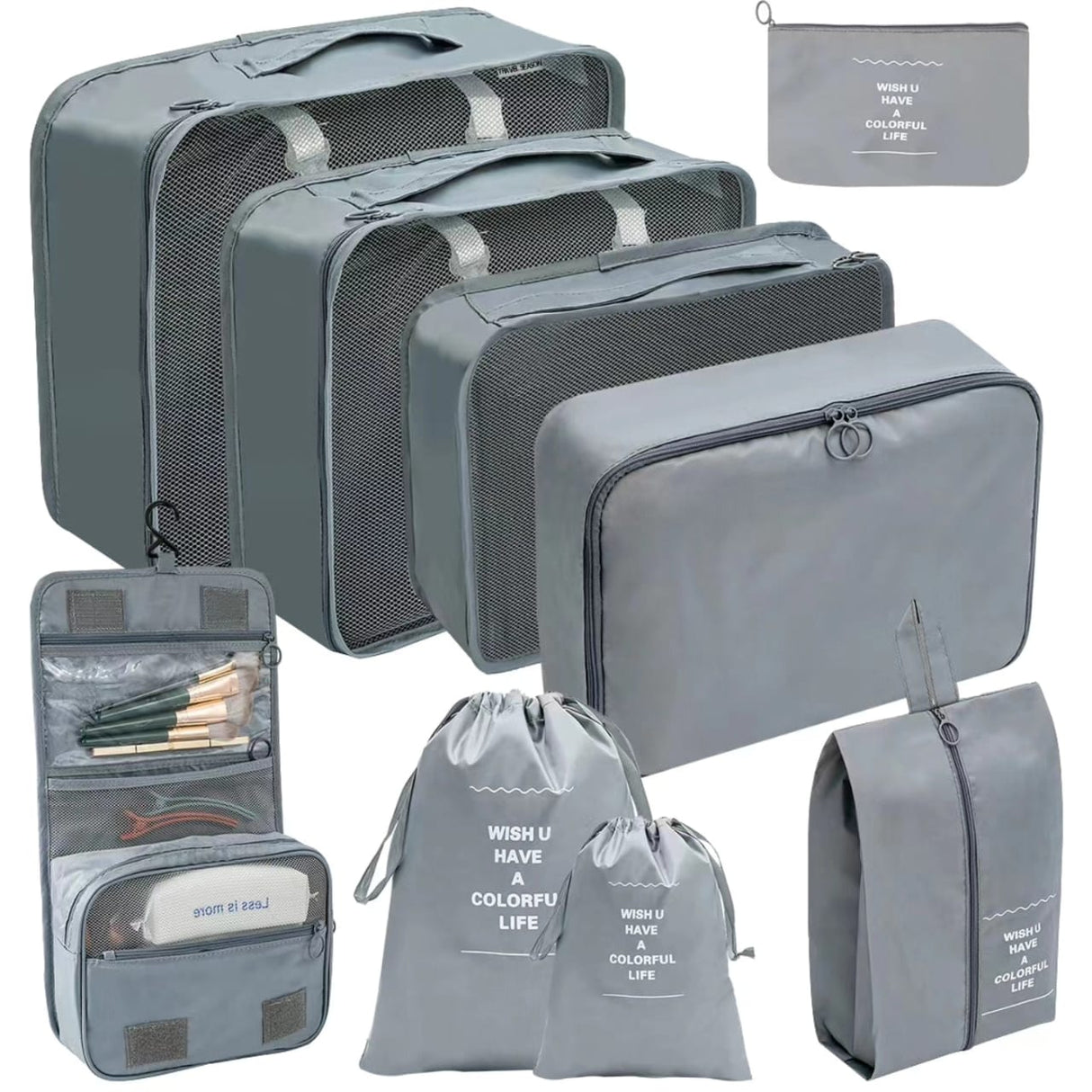 Furaha Finds 9 Piece Luggage Travel Organizers Suitcase packing cubes, waterproof storage pouches, and travel accessories for efficient luggage organization.