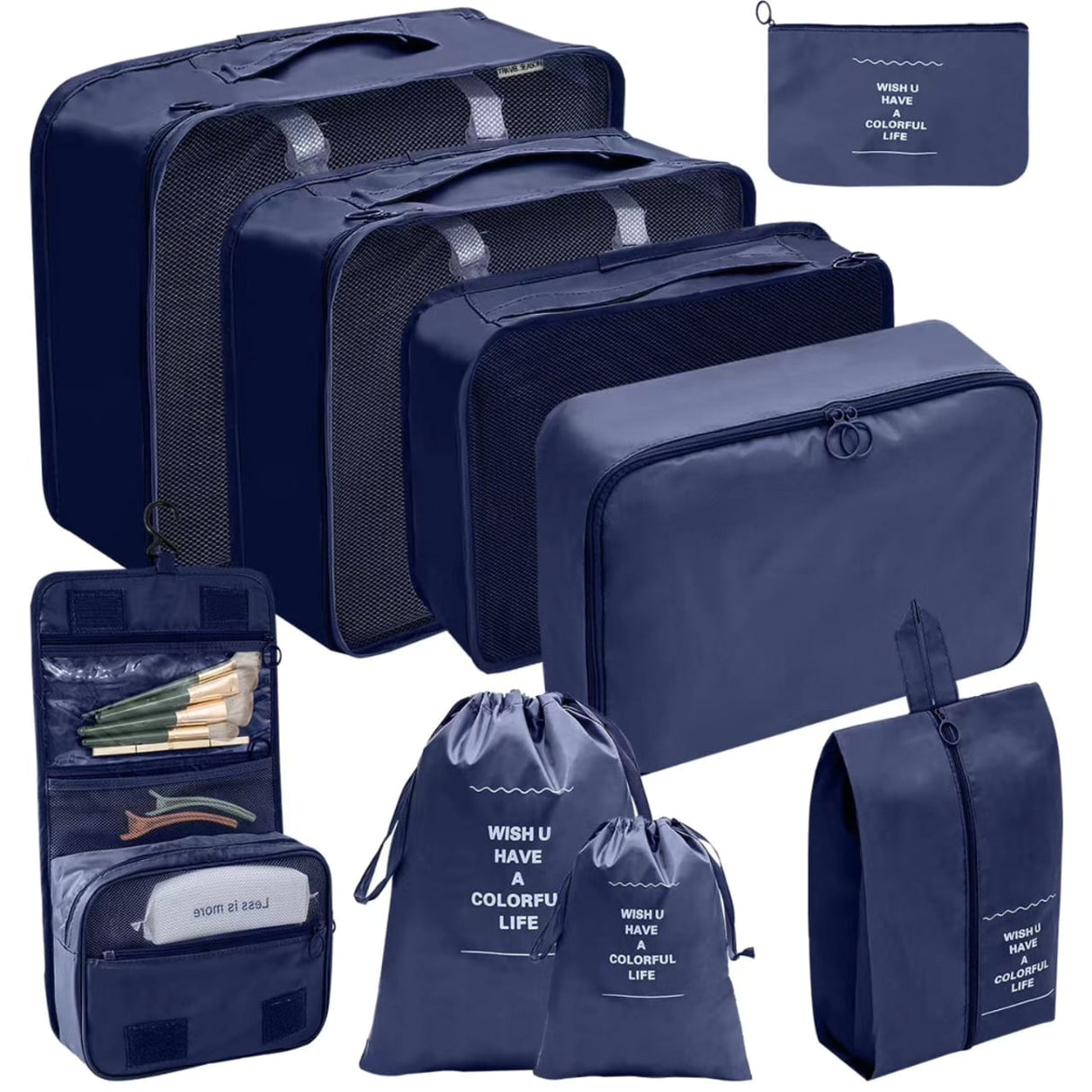 Furaha Finds 9 Piece Luggage Travel Organizers Suitcase packing cubes, waterproof storage pouches, and travel accessories for efficient luggage organization.