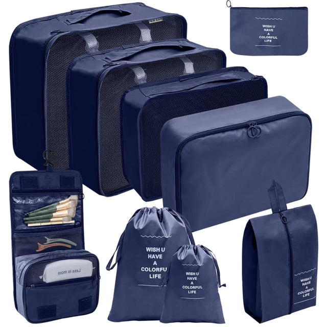 Furaha Finds 9 Piece Luggage Travel Organizers Suitcase packing cubes, waterproof storage pouches, and travel accessories for efficient luggage organization.