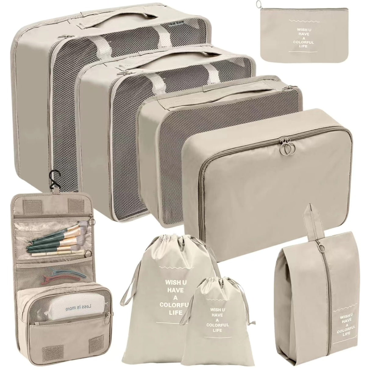 Furaha Finds 9 Piece Luggage Travel Organizers Suitcase packing cubes, waterproof storage pouches, and travel accessories for efficient luggage organization.