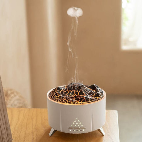Furaha Finds Volcano Humidifier with Bluetooth connectivity, white noise, remote control, and low-water level sensor. Perfect for relaxation, sleep enhancement, and air humidification
