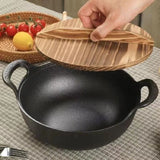Pre Seasoned Pure Cast Iron Flat Bottom Wok with Wooden Lid 27cm Double Handles.- Furaha Finds Kenya